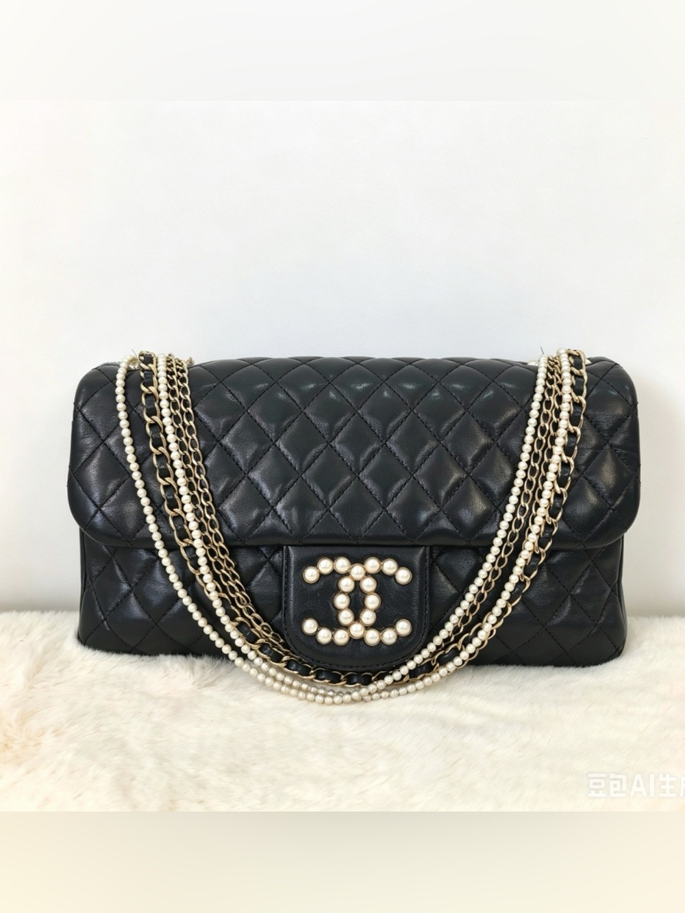 CHANEL Westminster Flap Bag Black Quilted Pearl-Accented Chain Shoulder Bag